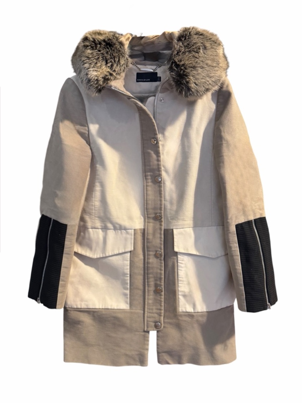 Donna Karan Beige and Black Faux-Fur Collar Puffer Coat